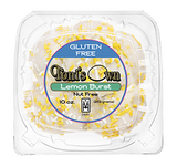 A 10 oz clear plastic clamshell container of Toni's Own Gluten Free Lemon Italian cookies, showing yellow and white granola sprinkles with a blue and green label.